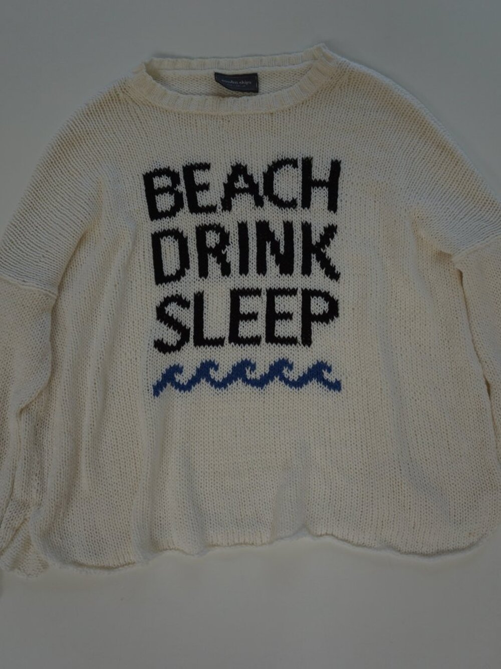 Wooden Ships Beach Drink Sleep Waves Cream White Lightweight Knit Sweater M/L